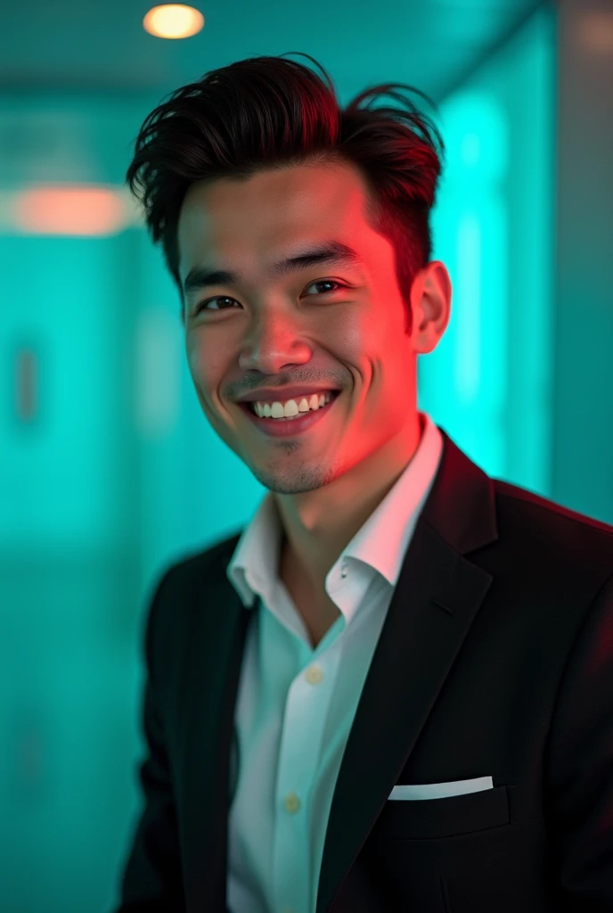 A young man with dark hair and a confident smile. He is dressed in a black blazer over a white shirt The man is positioned against aqua colour backdrop with a subtle red lighting on the left side. and he posing for Linkedin profile