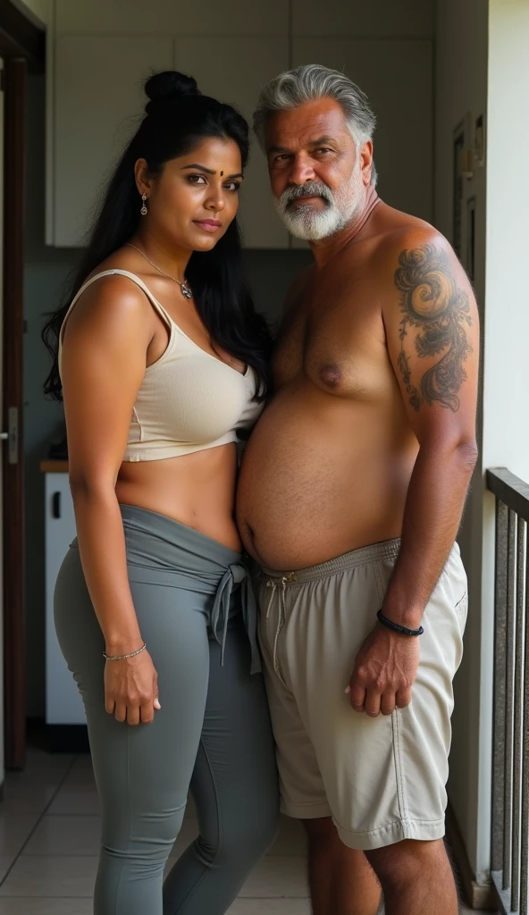 Newly wed indian couple, hot slim curvy white south indian milf with long tied hair, big breast, big hip, very big ass, thick thighs, woman wearing blouse and leggings, cleavage, indian couple, very short indian black old man with short haircut, skinny body and big moustache, man wearing shorts, woman with man, couple in house balcony, high resolution, couple looking at camera, tall woman and short man, close-up potrait, Closed Mouth, serious face, front full body view, in kitchen, bright lighting