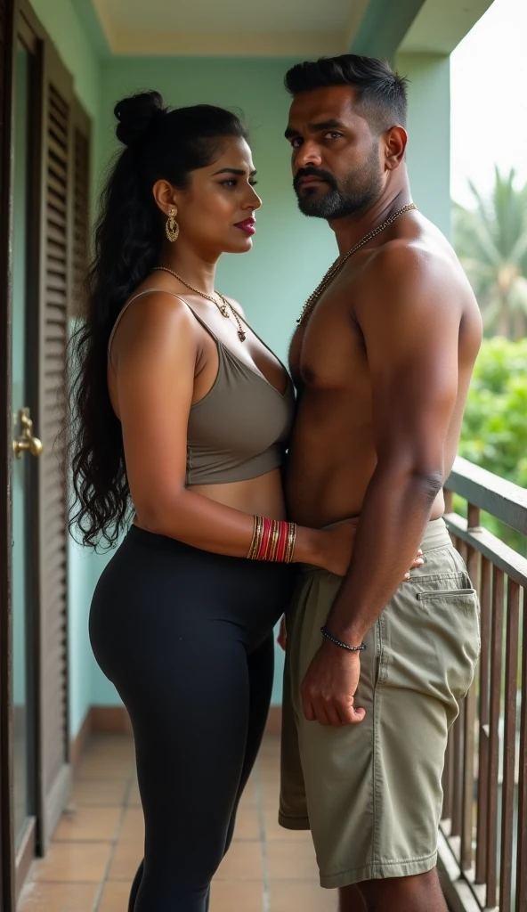 Newly wed indian couple, hot slim curvy white south indian milf with long tied hair, big breast, big hip, very big ass, thick thighs, woman wearing blouse and leggings, cleavage, indian couple, very short indian black old man with short haircut, skinny body and big moustache, man wearing shorts, woman with man, couple in house balcony, high resolution, couple looking at camera, tall woman and short man, close-up potrait, Closed Mouth, serious face, front full body view, in kitchen, bright lighting