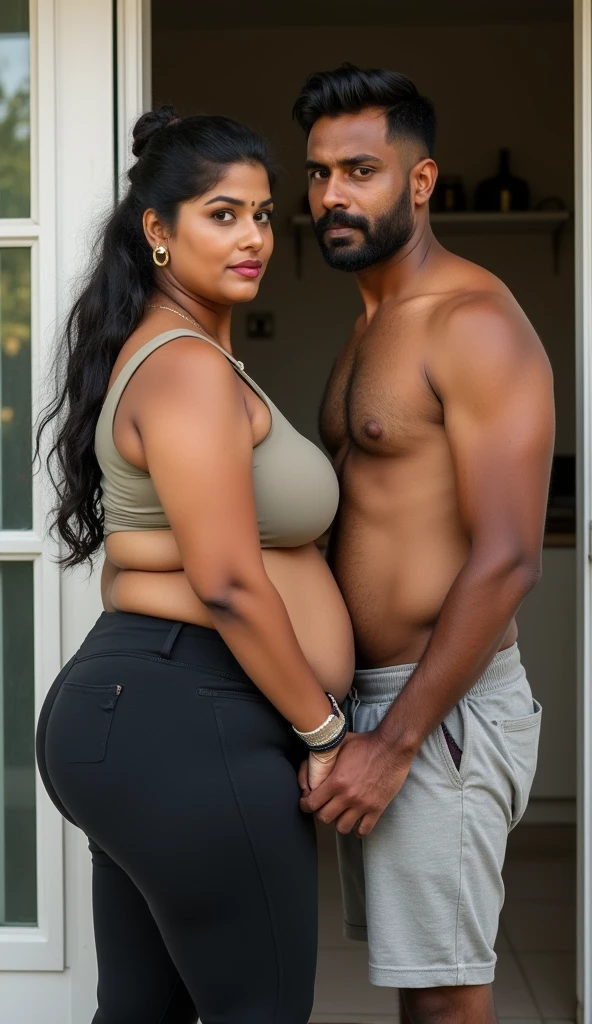 Newly wed indian couple, hot slim curvy white south indian milf with long tied hair, big breast, big hip, very big ass, thick thighs, woman wearing blouse and leggings, cleavage, indian couple, very short indian black old man with short haircut, skinny body and big moustache, man wearing shorts, woman with man, couple in house balcony, high resolution, couple looking at camera, tall woman and short man, close-up potrait, Closed Mouth, serious face, front full body view, in kitchen, bright lighting