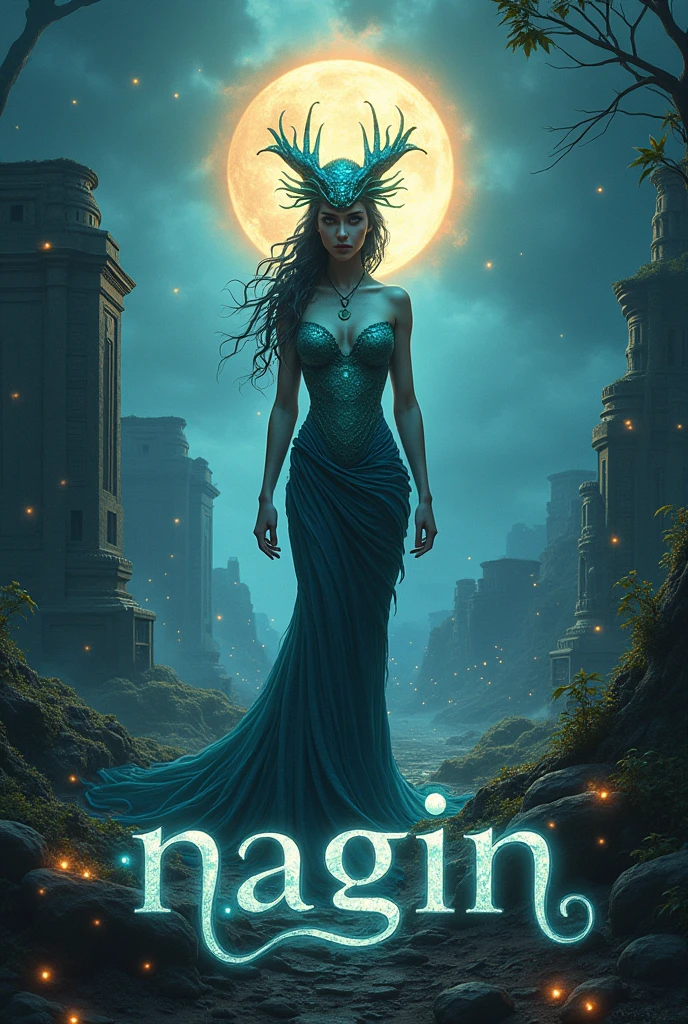 A mystical scene featuring a Woman with the upper body of a human and the lower body of a serpent, resembling a Nagin. She stands in an enchanting setting with the background featuring a glowing NagMani, emitting a magical aura. Surrounding her are elements like ancient ruins, sparkling fireflies, and mystical symbols, enhancing the supernatural atmosphere. In front of her, the name 'Nagin' is written in a striking, serpentine 3D font, blending seamlessly into this otherworldly environment