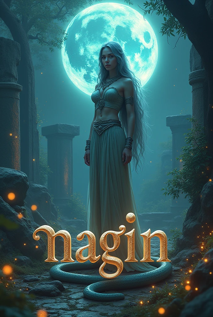 A mystical scene featuring a Woman with the upper body of a human and the lower body of a serpent, resembling a Nagin. She stands in an enchanting setting with the background featuring a glowing NagMani, emitting a magical aura. Surrounding her are elements like ancient ruins, sparkling fireflies, and mystical symbols, enhancing the supernatural atmosphere. In front of her, the name 'Nagin' is written in a striking, serpentine 3D font, blending seamlessly into this otherworldly environment