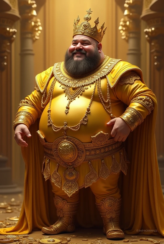 An overweight king, in gold jewellry, surrounded by gold, he has a happy expression and looks confident, bulge in pants,