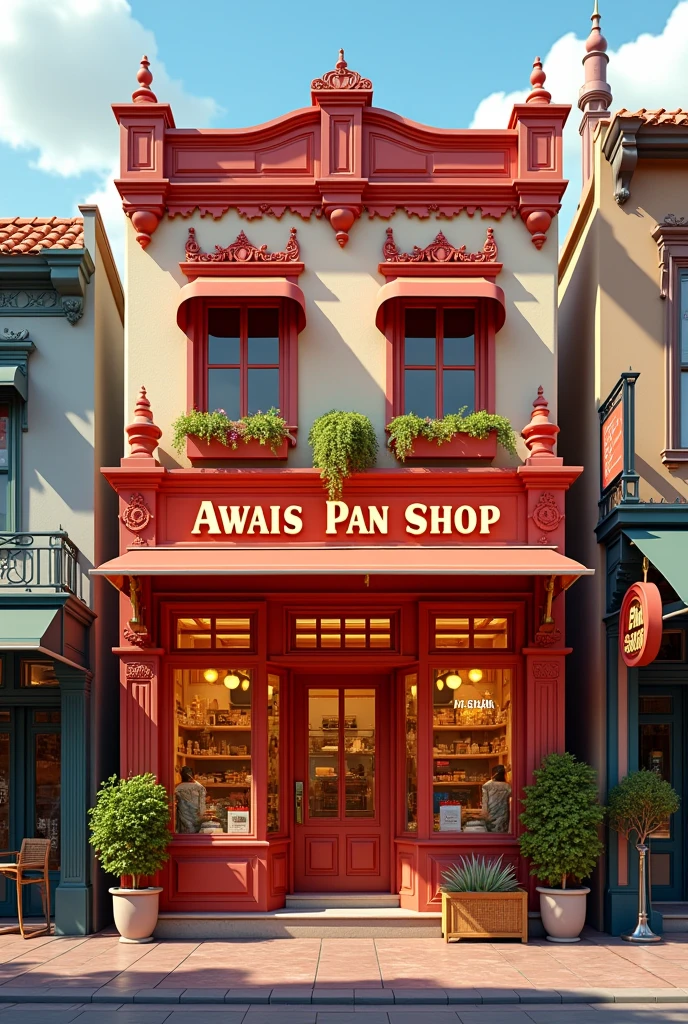 Create a 3d front shop design with Awais pan shop name