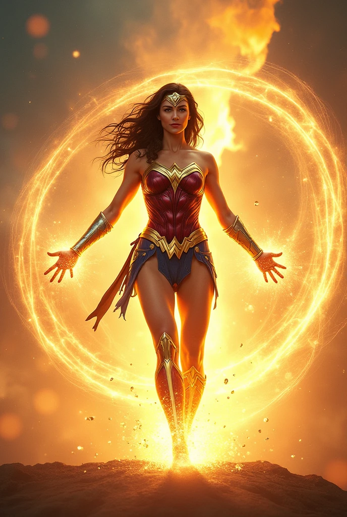 Wonder Woman with her arms extended wide spinning or turning to achieve her transformation into Wonder Woman yellow magic around her entire body