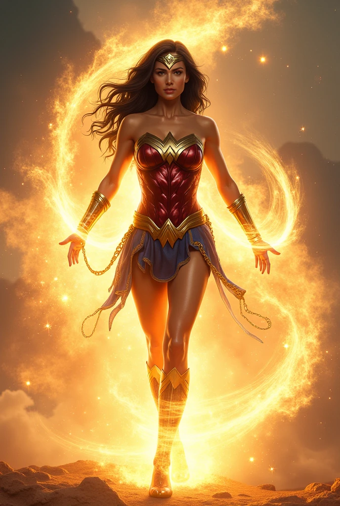 Wonder Woman with her arms extended wide spinning or turning to achieve her transformation into Wonder Woman yellow magic around her entire body