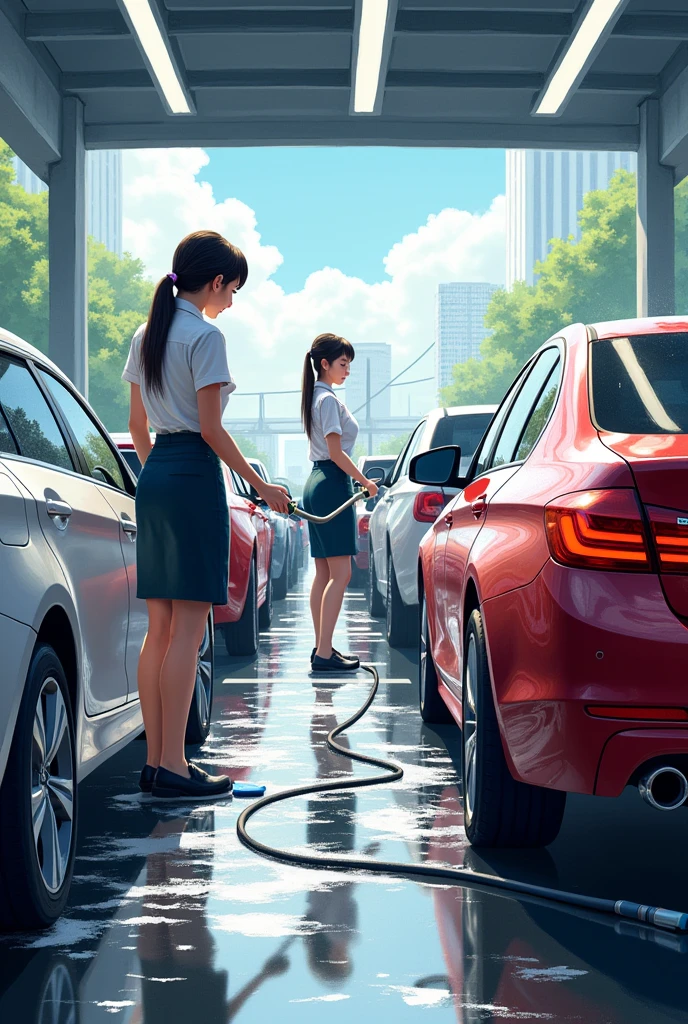 Cleaning cars at a carwash with women