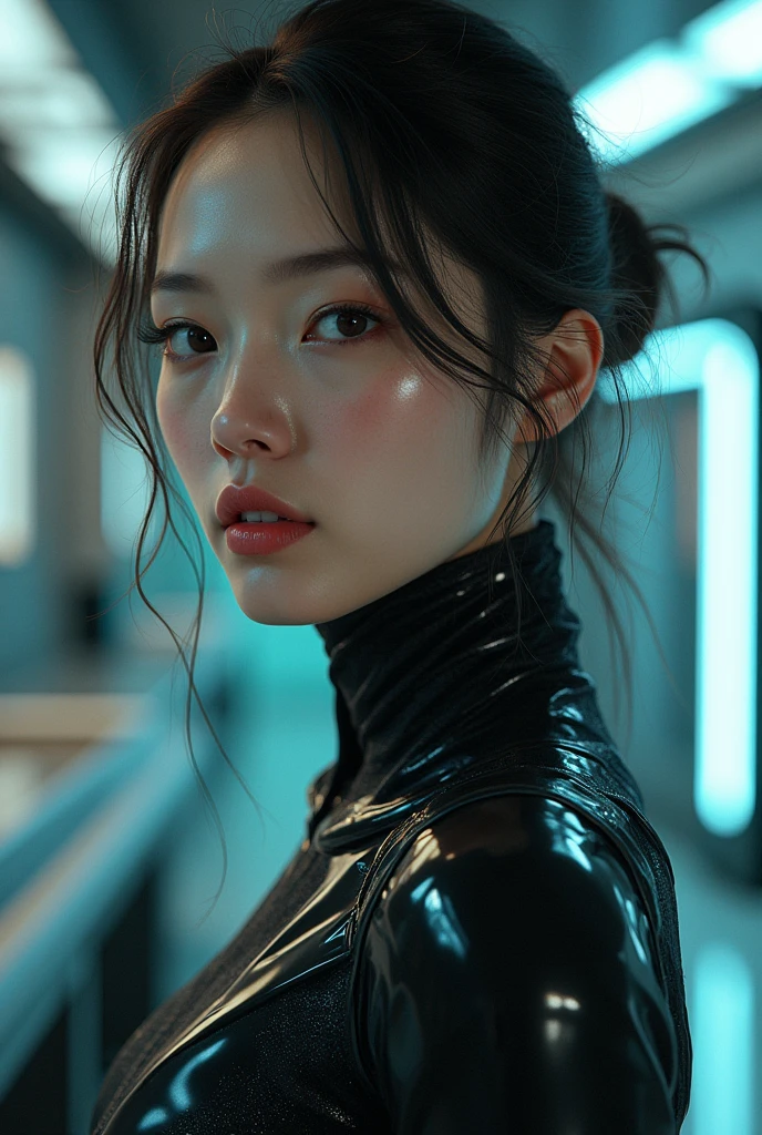 extremely detailed photo of a woman, Laura Elizabeth, cyberpunk, futuristic, cyberpunk bodysuit, 8K Ultra HD, original photography, model shoot, Delicate skin, skin blemishes