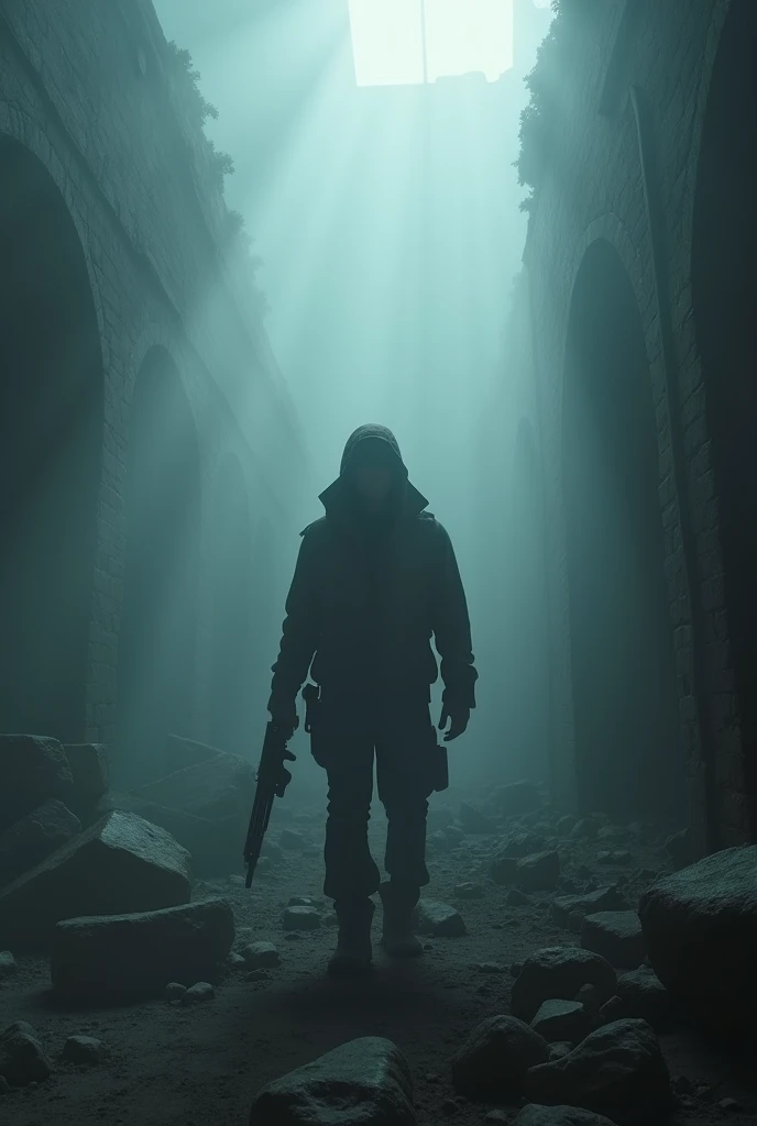 Mysterious Explorer"Advertising Banner,The background is a jungle or ruins scene with a mysterious atmosphere。The scene is filled with thick fog,A few rays of light shine through,Faintly visible ancient buildings and mottled stone walls。There is a character holding a modern weapon in the foreground,Nervous movements、on standby,Emphasis on first-person perspective。dark background,Adds a sense of adventure and danger,Pictures with high contrast and detailed light and shadow effects。