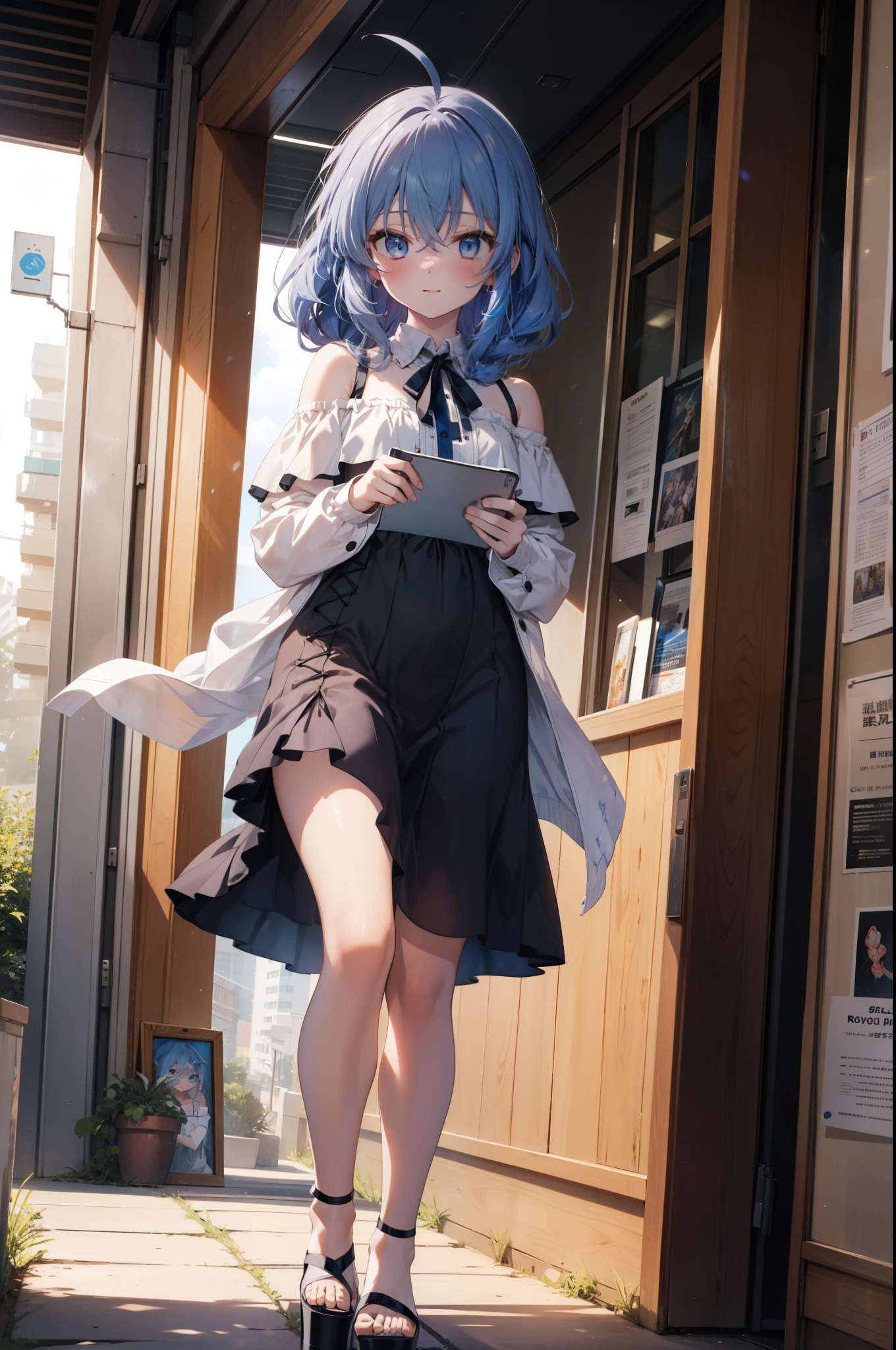 Roxymigurdia, Roxy, Ahoge, Black Ribbon, blue eyes, Blue Hair, Braiding, Hair between the eyes, Hair Ribbon, Long Hair, twin Braidings, very Long Hair, smile,blush,Open your mouth,Blue off-shoulder dress,mini skirt,Cute heeled sandals,True Summer,Daytime,Clear skies,Walking,whole bodyがイラストに入る,
break looking at viewer,whole body,
break indoors,figure書館,
break (masterpiece:1.2), Highest quality, High resolution, unity 8k wallpaper, (figure:0.8), (Beautiful attention to detail:1.6), Highly detailed face, Perfect lighting, Highly detailed CG, (Perfect hands, Perfect Anatomy),