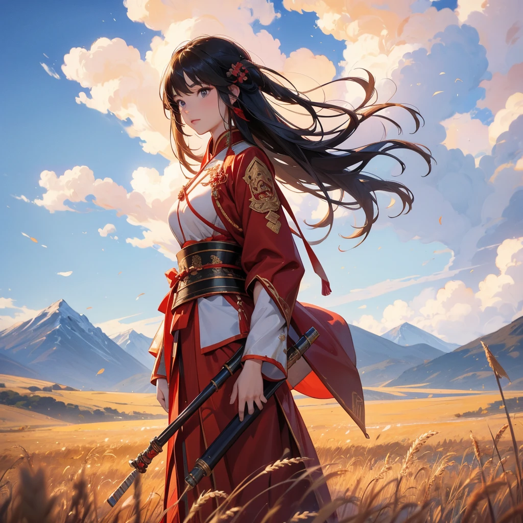 A beautiful female general holding a large spear in red ancient Chinese general costume, standing in the middle of a wheat field. behind which are mountains, there are low clouds floating in the blue sky.