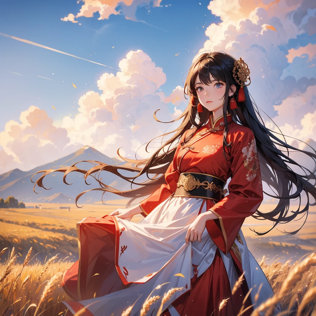A beautiful female general holding a large spear in red ancient Chinese general costume, standing in the middle of a wheat field. behind which are mountains, there are low clouds floating in the blue sky.