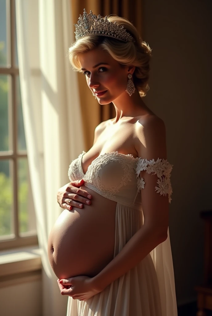 A stunning portrait of Princess Diana, She is pregnant, holding her belly, young and beautiful, hyper realistic, real portrait, backlit, exquisite features, cleavage, sexy, seductive, window, natural light, soft light, tiara