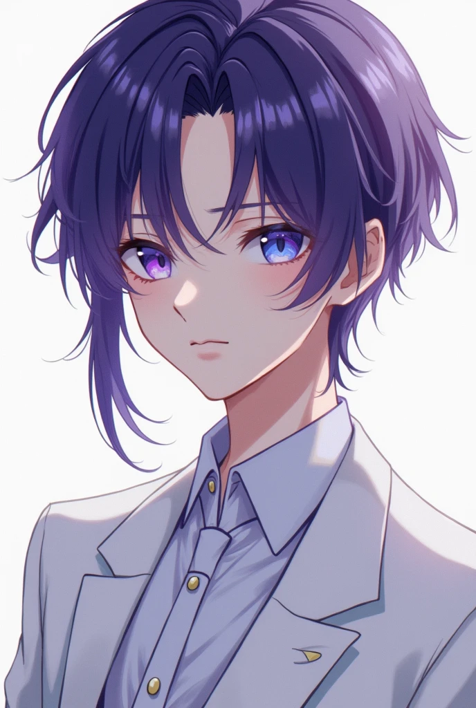 Anime boy with blue and purple eyes, short dark purple hair, and long hair that reaches just above his shoulders. ,fair skin and white suit
