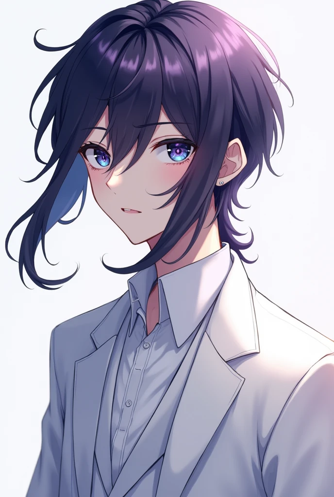 Anime boy with blue and purple eyes, short dark purple hair, and long hair that reaches just above his shoulders. ,fair skin and white suit