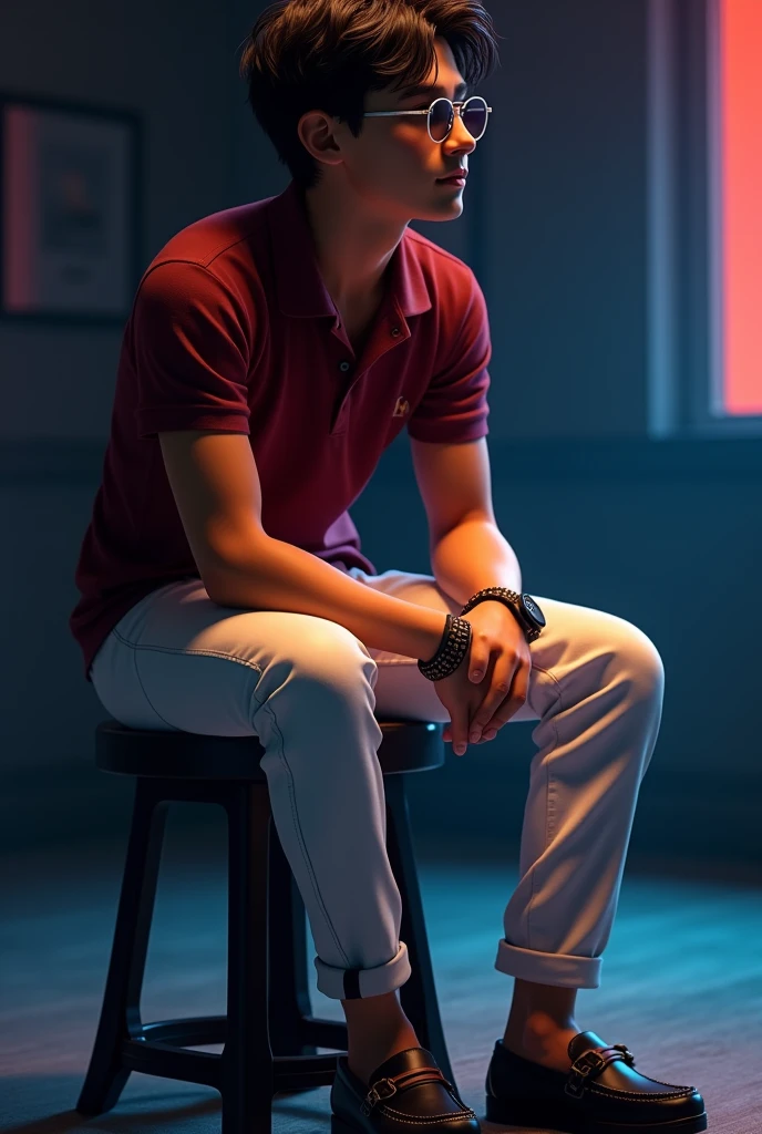 tan and tall boy with black wave hair and maroon polo t shirt, white long trousers, old watch, black loafers, wearing a sunglass and sitting on the black stool and in black background in red and blue light on it the boy turning right and seeing right side
