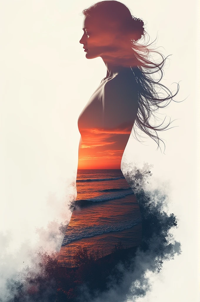 high quality, 8K Ultra HD, A beautiful double exposure that combines an goddess silhouette with sunset coast, sunset coast should serve as the underlying backdrop, with its details incorporated into the goddess , crisp lines, The background is monochrome, sharp focus, double exposure, by yukisakura, awesome full color,