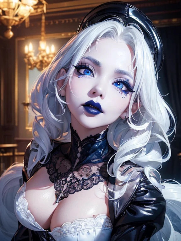 (1 girl 1.3) (extremely detailed 1.3) (anatomically correct, High precision, realistic skin, realistic Fingers, ) (RAW photo, Super detailed, advanced details, intricate details,), (Lighting: Face lighting, Ray tracing, reflective light, Structurally correct) (sitting on an ornate chair inside a Gothic house, candlelight lights the room)) (Subject: beautiful Asian woman with White hair in curls and coils) (wearing a White corset, white panties, neck wrists and fingers, ((beautiful big blue eyes looking up at the viewer, black shiny lipstick, perfect Asian goth cyber makeup))