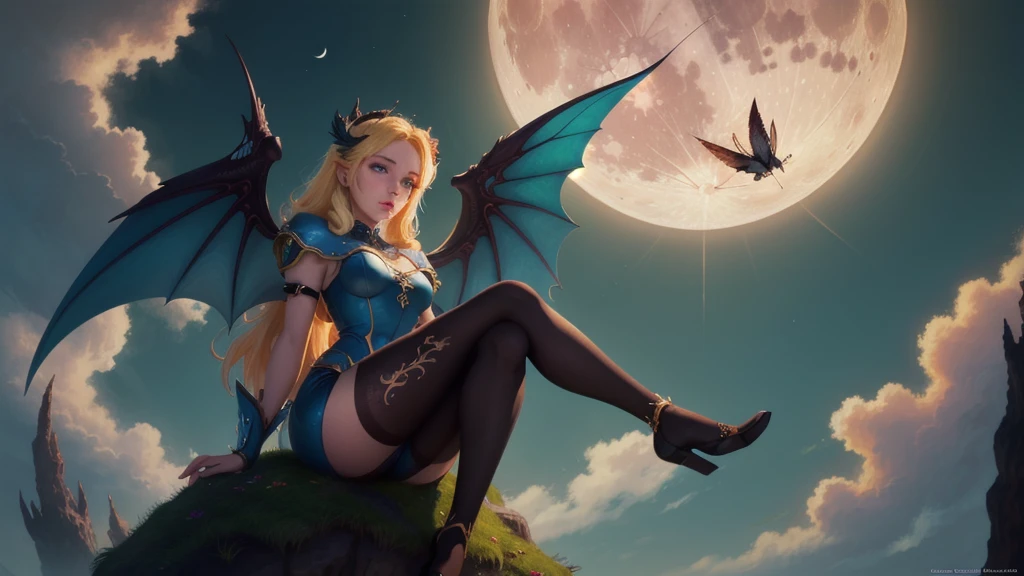 ((best quality)), ((masterpiece)), (detailed), succubus, ethereal beauty, perched on a cloud, (fantasy illustration:1.3), enchanting gaze, leotard, pantyhose, stockings, bodysuit, captivating pose, delicate wings, otherworldly charm, mystical sky, large moon, moonlit night, soft colors, (detailed cloudscape:1.3), (high-resolution:1.2), from below, (rating_explicit), (score_9, score_8_up, score_7_up, score_6_up, score_5_up, score_4_up, high res, 4k)