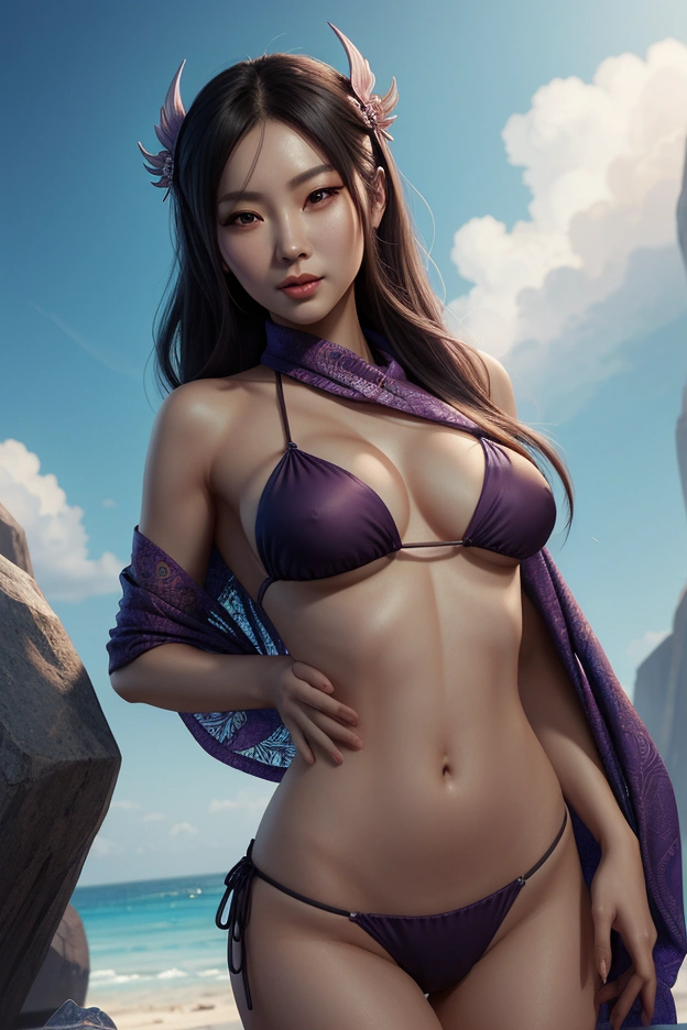 Photo of a woman in a bikini and a shawl, Chinese woman,raymond swanland style, rossdraws digital drawing, beautiful character drawings, Peter Mohbacher's style, Alena, Enami and Argerm, By Alexander Jin, Lois Rossdraws, Ross Drew 1. 0, 4k fantasy art, Wlop Rossdraws