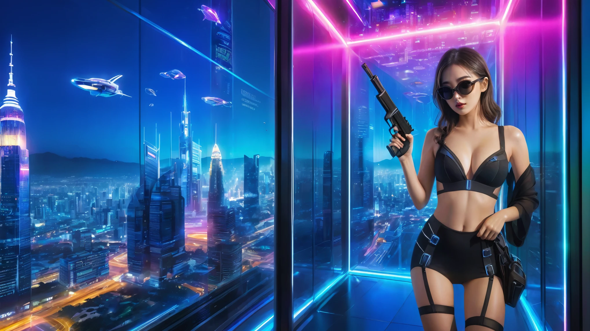 Futuristic cityscapes with colorful all-glass towering skyscrapers, flying vehicle, (futuristic teleporter). High-resolution OLED GUI interfaces in the building, The windows are filled with transparent data visualization infographics that show it all, from weather patterns to traffic flow. Colors are saturated and vibrant. At night, (1girl, solo), photo realistic, medium-breast:1.3 slim body, slim face, deep-v cleavage, high-waist one-piece short tulle dress, (micro black sunglasses, holding a short gun), half-body thigh level medium shot, cinematic lighting, ray tracing.