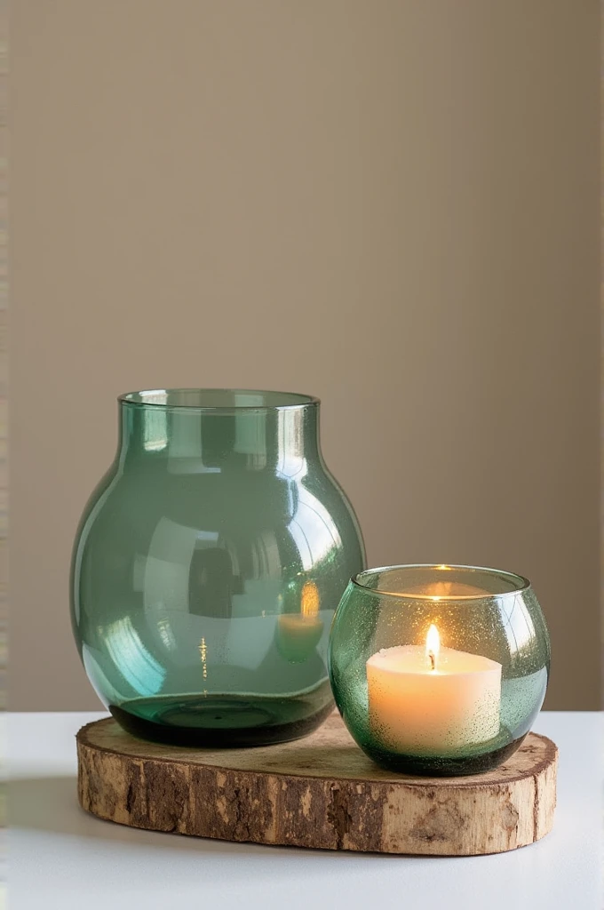 Create an image of a glass holder and candle holder made from recycled materials