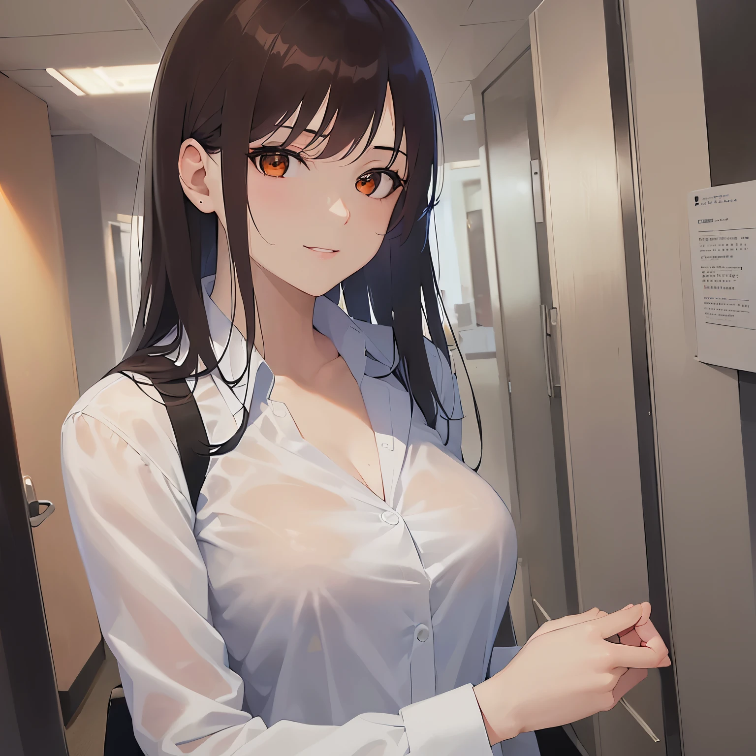 (looking at viewer:1.5)Upper Body, 
Realistic, real person, (pale skin: 1.2), RAW photo, photorealistic, shiny skin, shiny hair、(A 25-year-old woman with medium-length hair and bangs) and (wavy hair) and (brown hair) and (orange eyes) ,
(Wearing a business suit:1.5) and (Wearing a white collared shirt)、
smile, The background is an office hallway、(alone;1.5)