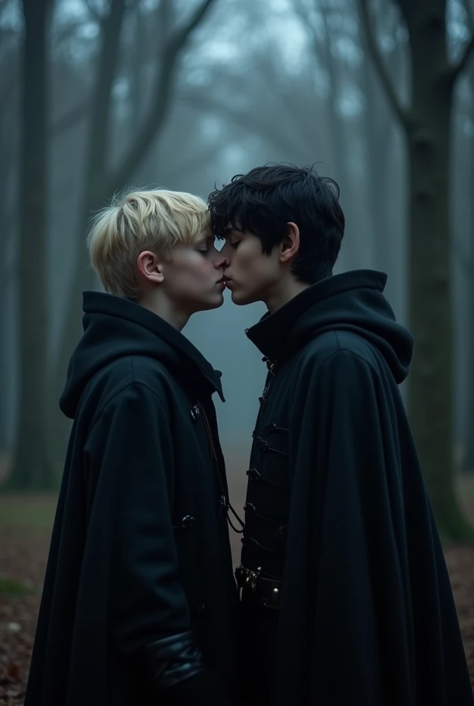 Please generate a beautiful 17 year old boy with blonde hair, slightly tanned skin and blue eyes is kissing a tall black haired 16 year old boy who has white skin, black hair and blue eyes. Both wearing black cloaks. Ancient setting. Weather is dark and there is a forest in the background. Moonlight. Captured as a cinematic film still, shot on a V-Raptor XL, the scene is enhanced with bright sharpness and post-processing. The cinematic lighting and 35mm film quality create an atmospheric, epic, and stunning masterpiece, full of dramatic flair. No facial hair. 