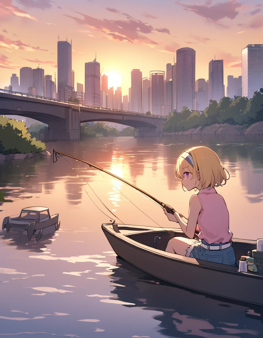 ((fishing)), fishing竿, 1 female, alone, Yellow Hair, blonde, Purple eyes, short hair, hair band, Flat Chest, Collared shirt,Sleeveless shirt,Pink Shirt, White Belt, Denim shorts, sunset, Metropolis, Quiet river, Car Sounds, Relaxed time, Urban Fishing