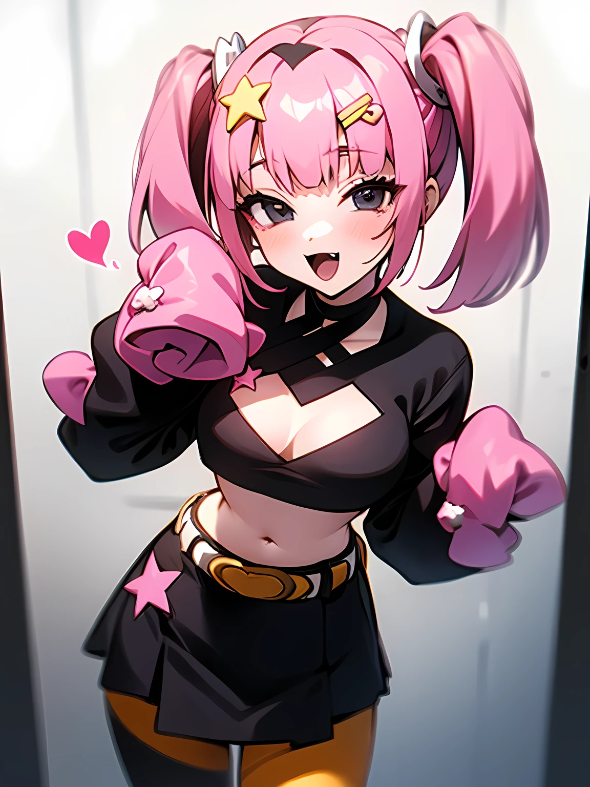 From above:1.3,Little,One person, alone, heart, tooth, skirt, pink backgrounis, smile, black skirt, Sleeves are longer than the wrist, blush, View your viewers, Open your mouth, simple backgrounis, Sleeves are longer than your fingers, Crop top, hanis on hip, shirt, Long sleeve, pantyhose, belt, black shirt, Cowboy Shot, Clothing cutouts, miisriff, :is, overview, siiselocks, miniskirt, :3, skin tooth, Grey Eyes, white overview, bare shoulisers, Long Hair, multicoloreis hair, Shiny, meisium hair,Blood,Captivating breasts、(I am a star)、(Harajuku fashion)