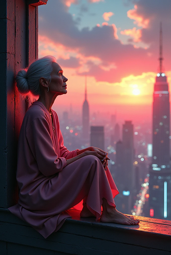 Manga Fantasy Nail Art View, Incredibly detailed nails, Beautifully manicured nails, Intricate nail designs, An inimitable grandma in cyberpunk lo-fi style, Beautiful attention to detail, Beautiful lip detail, Very detailed顔, anime "old woman" Sit on the shelf and look up at the sky, 新海誠にインスパイアされたanimeの絵, Topics on pixiv, Space Art, Makoto Shinkai Cyril Rolland, (Highest quality,Ultra-high resolution,insane masterpiece:1.2),Very detailed,(Ultra-realistic,professional photorealistic,Photorealistic:1.37),Stunning sunset sky, Complex cyberpunk cityscape, neon city lights, Moody lighting, Soft color palette, Cinematic atmosphere, Octane Rendering, Unreal Engine 5 Madness, Bright sunset colors, Dramatic sunlight, Structure of the film, Sacred atmosphere Breathtaking scenery Serene scenery,adventitious,multi,wait. --v 6 --s 1000 --c 20 --q 500 --chaos 100