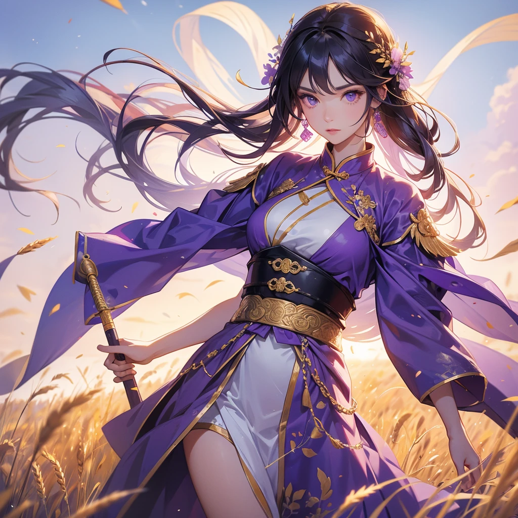 A beautiful female general holding a large spear in violet ancient Chinese general costume, standing in the middle of a wheat field.