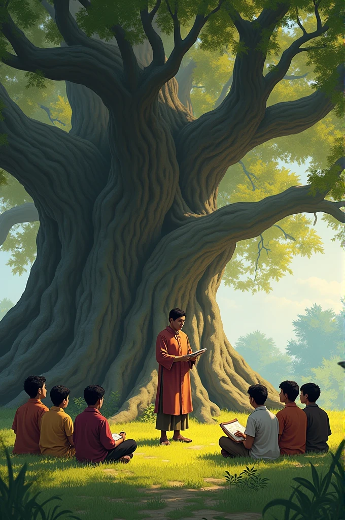 A teacher is teaching his students in
Under a banyan tree