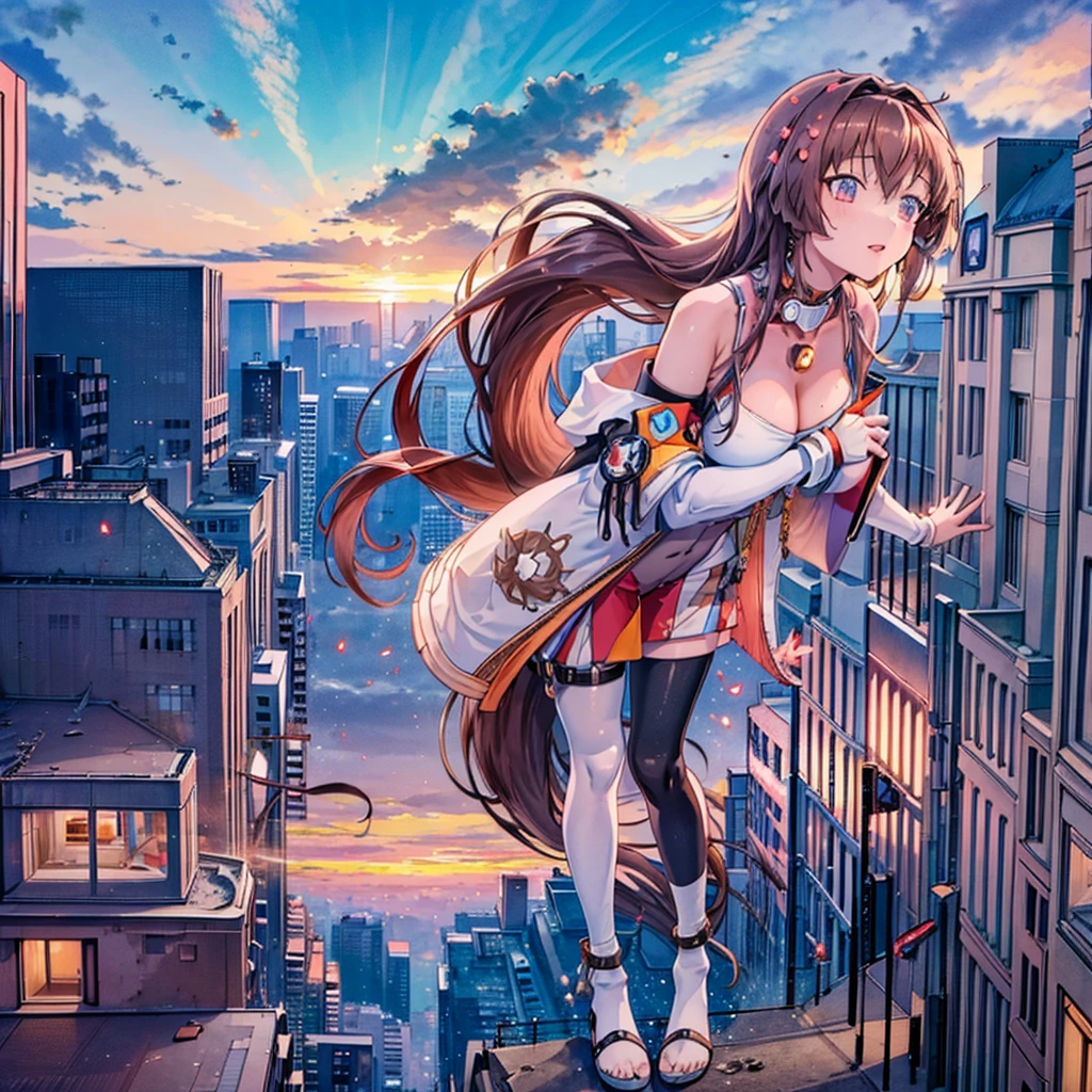 Composition viewed from below ((evening)) ((sunset)) ((sunset)) cumulonimbus masterpiece Anime Style Delicate painting 4K 90's giant plural crowd ((Brown Hair)) Metropolis crowd Crowd of people ((A giant Yamato standing in a valley between skyscrapers)) ((Fleet Collection)) Metropolis Tokyo Akihabara Electric Town Big Breasts Sweating profusely Splash sneakers White socks watch Black Hair smile female giant giant girl Whole body Crowd Unreal Engine,cleavage ,a drawing of a , earrings, long hair,Cute picture Beauty Analog style whole body sneakers