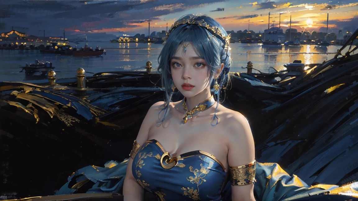 (The huge harbor in the background:1.5),Oil painting style,The girl is on the other side,,Gold headdress,(Blue medium hair:1.2),Late Night,(Blue cheongsam:1.2),(Metal:1.2),(Fat Face:1.2),(Upper body:1.),(Blue armlet:1.1),Crimson lips,With bang,(from a car:1.5)