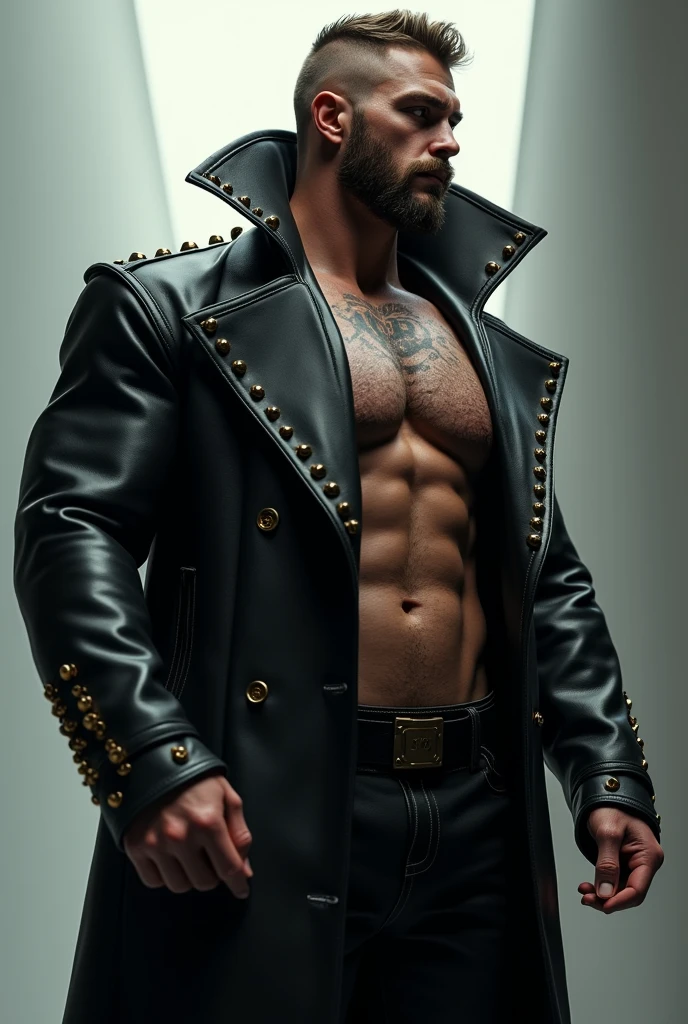 a side view of a muscular man in a long black sleeved leather coat full of metal studs and a massive, exxagerated, tall high collar turned up against the sides of his face completely, detailed facial features, extremely detailed muscular physique, chest hair, hairy chest, masculine tattoos, large penis, big cock, massive outline of bulging penis, fierce and intimidating expression, commanding pose, black mohawk, bearded face, clear and sharp lighting, photorealistic, cinematic, hyper-realistic, high quality, 8k, ultra-detailed, physically-based rendering, studio lighting, no pants, no underwear.
Moaning and excited.
Leather collar exxaggerated to the top of the head. Turned uo collar very high.