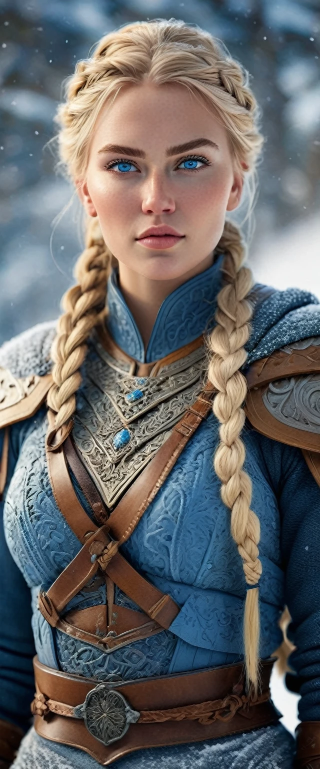 (realistic:1.2), analog photography style, Scandinavian warrior woman, wonderful snow scene, braided blonde hair, whole body, soft natural light, Cute and sexy, joy, detailed face and blue eyes, Excellent quality, masterpiece, detailed northern background, quality: 16K, RAW photo