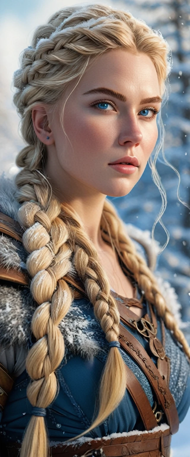 (realistic:1.2), analog photography style, Scandinavian warrior woman, wonderful snow scene, braided blonde hair, whole body, soft natural light, Cute and sexy, joy, detailed face and blue eyes, Excellent quality, masterpiece, detailed northern background, quality: 16K, RAW photo