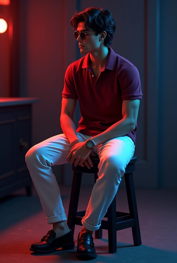 tan and tall boy with black wave hair and maroon polo t shirt, white long trousers, old watch, black loafers, wearing a sunglass and sitting on the black stool and in black background in red and blue light on it the boy turning right and seeing right side