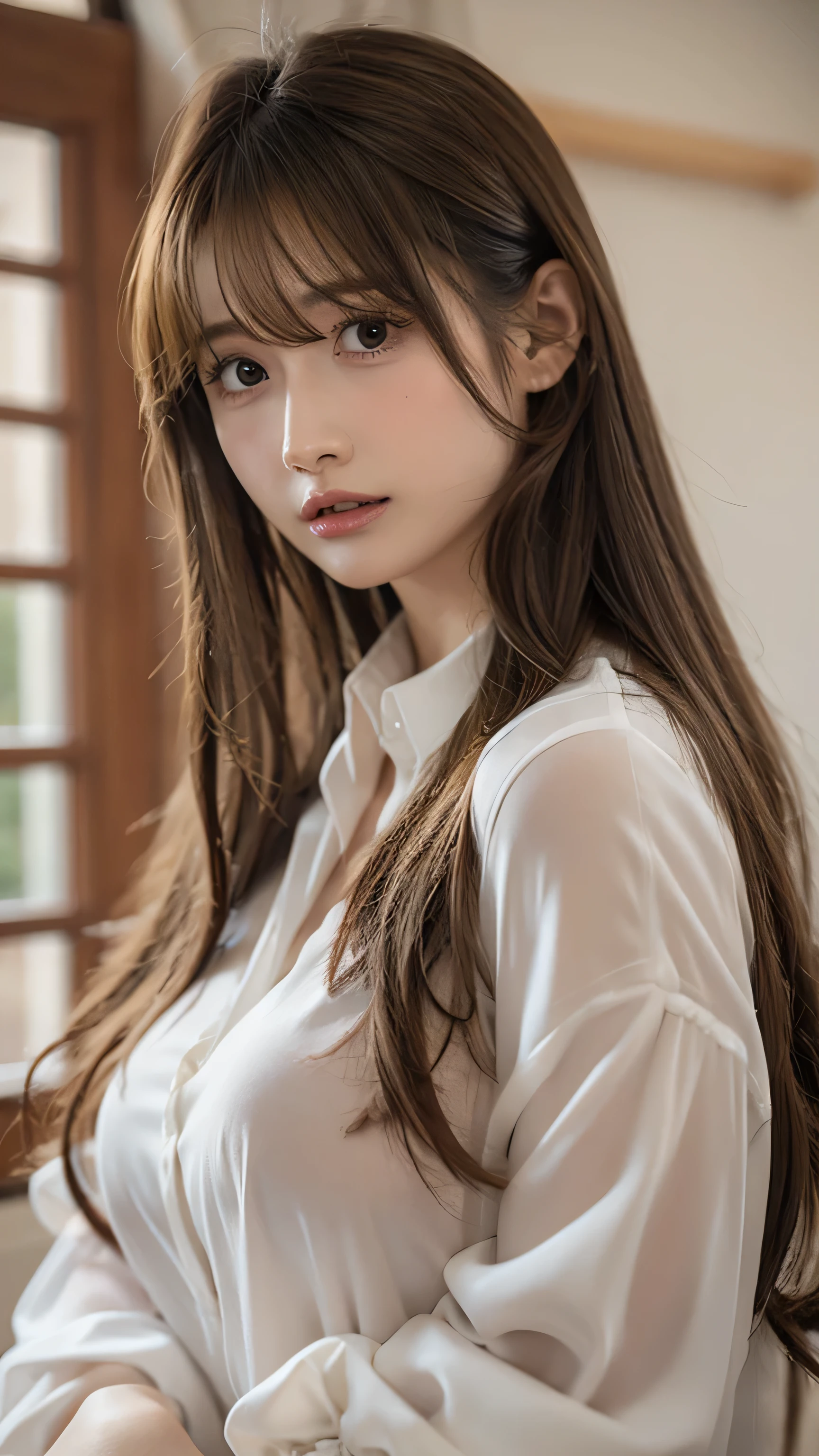 Ultra-high resolution, Superior Quality, Highest quality, Very detailed, Realistic, 8k, RAW Photos, Highest quality, masterpiece, Charm, wonderful, Brown hair semi-long hair, Asymmetrical bangs, Japanese Idols, Sophisticated, stylish, Stylish sheer shirt coordination,Realistic skin texture,Upper Body