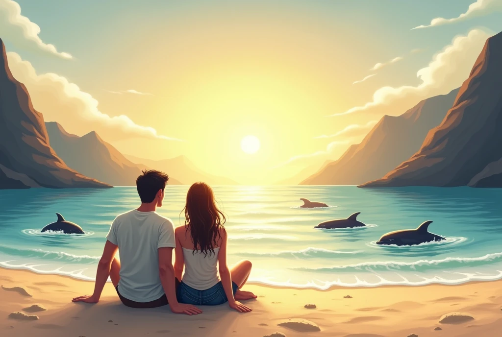 Couple sit in a beach have mountain, sun, sea, dolphin etc