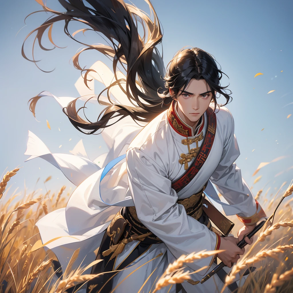 Handsome black-haired male general holding a large sword in white ancient Chinese general costume, standing in the middle of a wheat field.