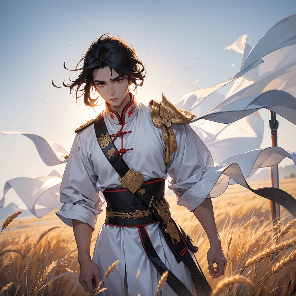 Handsome black-haired male general holding a large sword in white ancient Chinese general costume, standing in the middle of a wheat field.