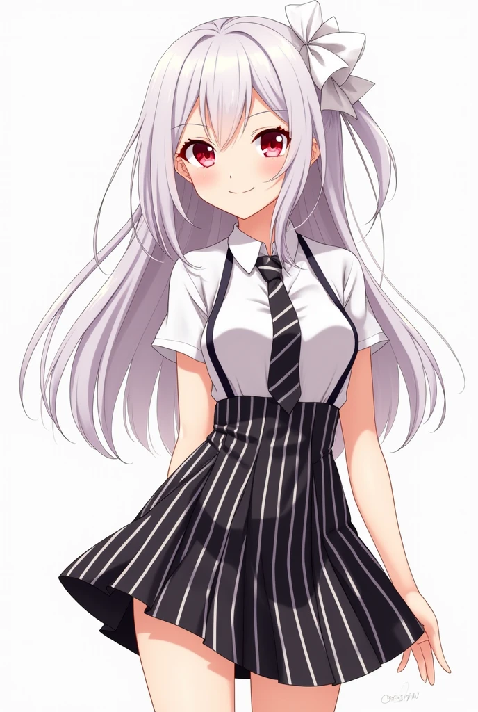 anime girl with long white hair, red eyes, white ribbon on the back of her head, wearing a short collared shirt, tie, black and white striped dress,waist exposed , catoon