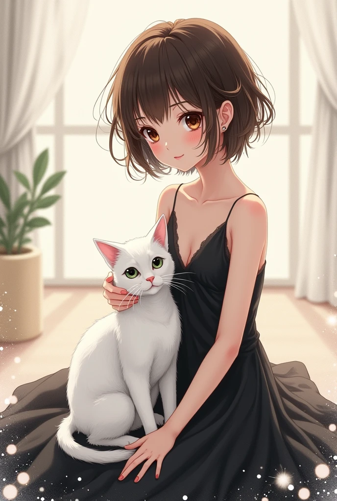 anime style illustration，Depicts a brunette with short hair、woman wearing black dress，A mysterious white cat sits on your lap。This painting is drawn using watercolor pencils with a splatter style。Cute illustration style，Showing a cute and beautiful girl and her cat。Illustrations should have more detailed and textured depictions。