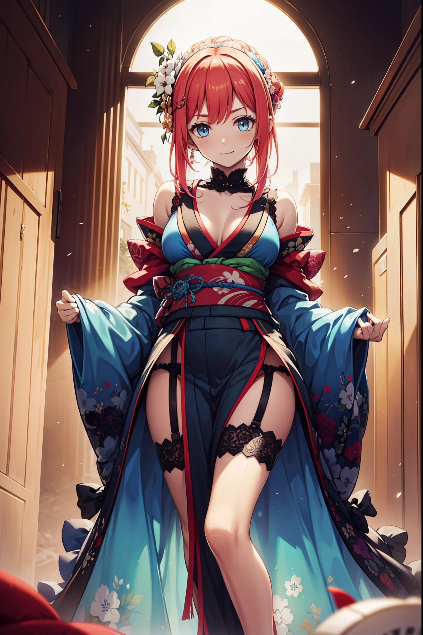 (best quality, high resolution, Textured Skin, high quality, High Detail,Extremely detailed CG unification),age Girl,obsessed,Divine happiness,in love,(Swimwear and Kimono:1.2),Pink Hair,blue eyes,(Fabric headdress minimalism,Multi-layer delicate ruffles,Lots of lace,Multi-color cloth,Exquisite embroidery,Beautiful Pattern,Fabric headdress,Exquisite clothing,See through transparent clothes,bedroom,night,(Dazzle:1.2),Movie Lighting,The only person,The skirt flutters, garter belt:1.1