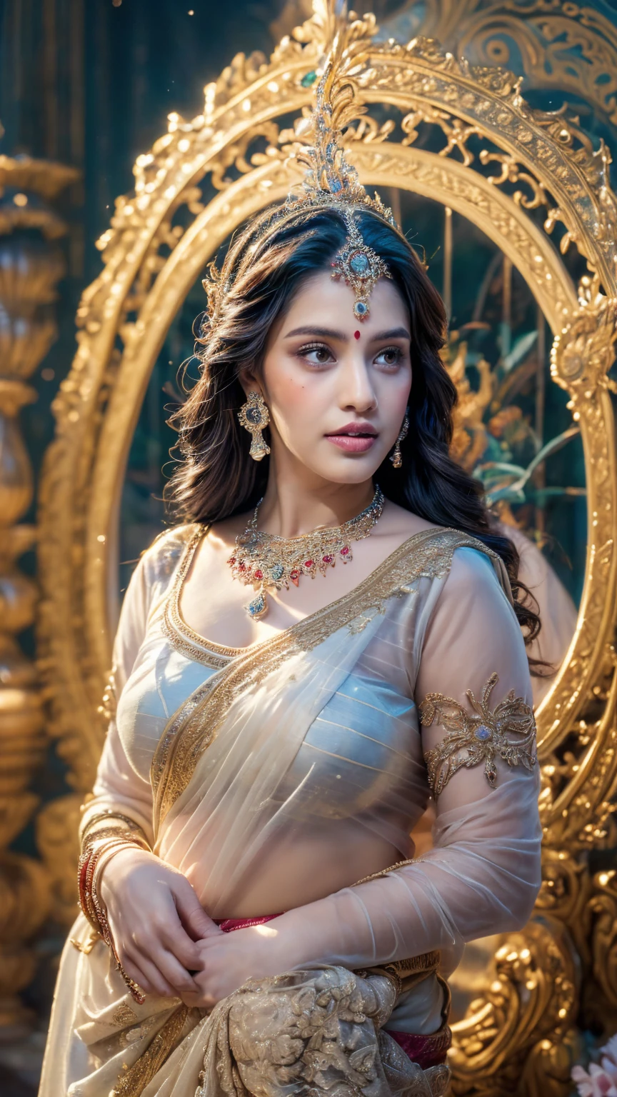 ((Best quality, 8k, Masterpiece :1.3)), Sharp focus :1.2, Generate a realistic image of a beautiful sexy Indian woman plus size body: 8.5 dressed in a white Kasava saree, adorned with traditional ornaments, standing in a well-lit room with cinematic lighting. ((Front view, random elegant pose)), and there is a sense of grace and elegance in her posture. The background should complement the scene, enhancing the overall aesthetic appeal of the image. Photography by Brandon Woelfel, Full shot: Canon EF 16-35mm f/2.8L III USM lens on a Canon EOS 5D Mark IV camera, ultra realistic, 32k, HD
