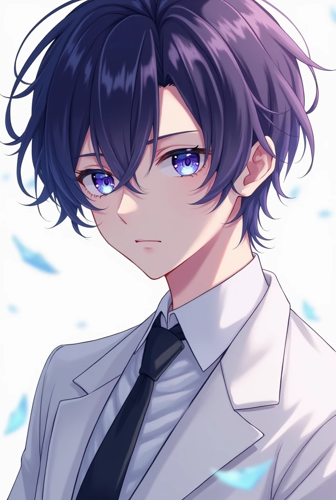 Anime boy with blue and purple eyes, short dark purple hair, and long hair that reaches just above his shoulders. ,fair skin and white suit
