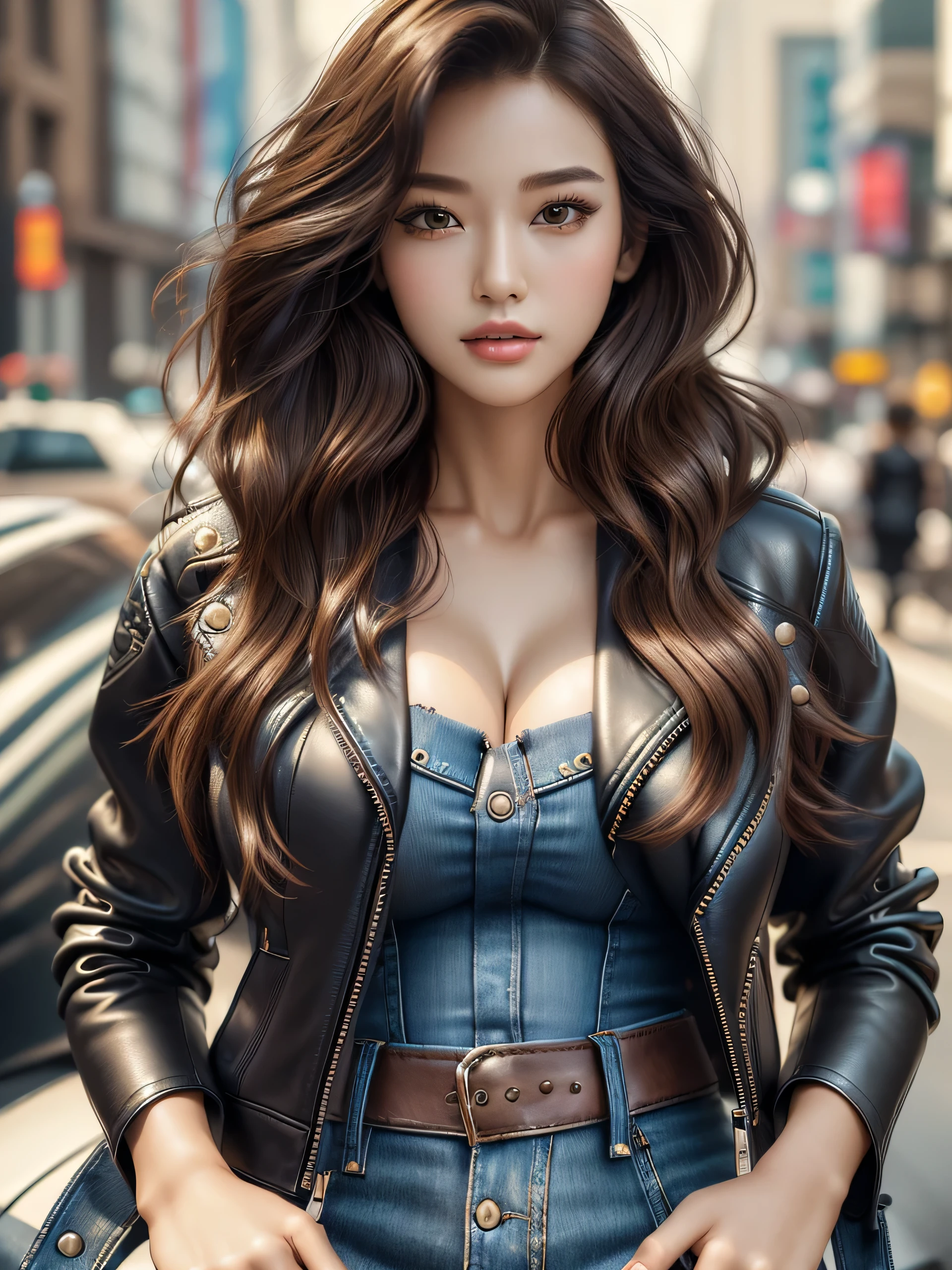 (best quality, masterpiece:1.5), (ultra-detailed, realistic:1.37),4K,(woman:1.5),korean,cute,beautiful,(black leather jacket:1.2),(T shirts)(denim pattern skirt),(big breast),(bra),(brown long boots),short cut hair