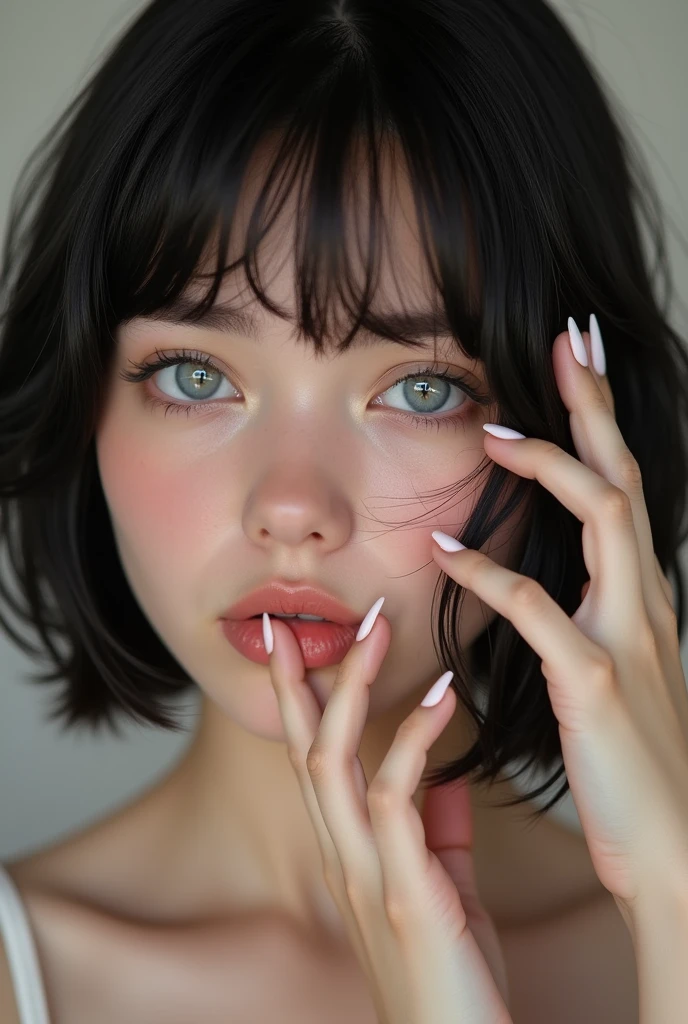 RAW photo, best quality, masterpiece, photorealistic, Polish girl, 20 years old, black hair, Light grey eyes, short bob cut, hair in 7 thirds, hair over one ear, Symmetrical eyes, solo, White skin, Detailed Skin, Detailed face, Big Breasts, rip gloss, blush, wet hair, close-up of face, summer clothes, gel nails, Her face was shocked, she was touching her scalp with both hands.